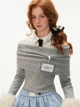College style fake fur sleeve one-shoulder sweater
